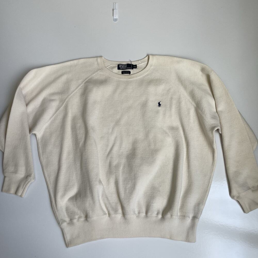 Vintage Polo Ralph Lauren Sweater Men XXL Knit Crewneck Pullover 90s Cream Pony